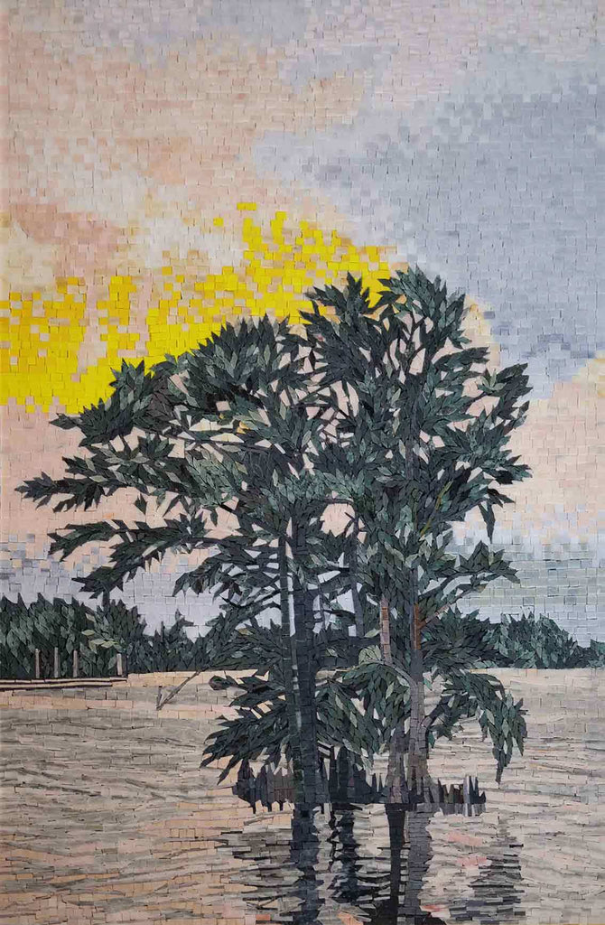 Conception de mosaïque - Rivière, arbre et coucher de soleil
