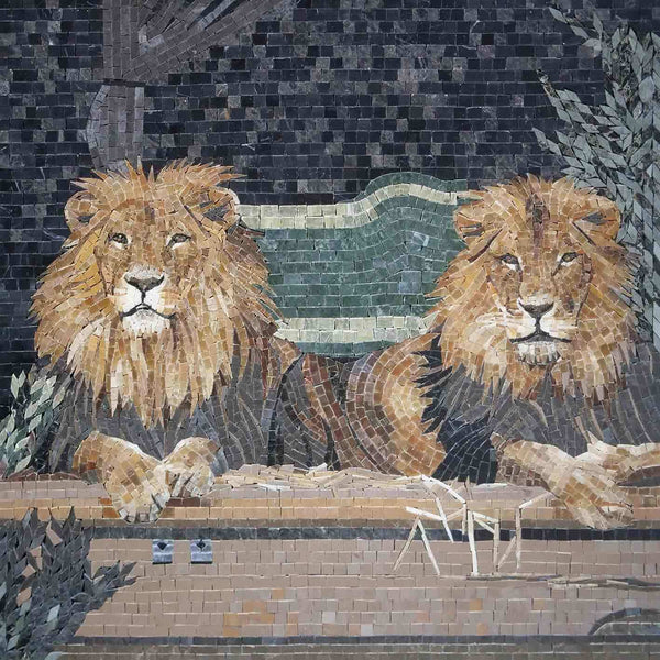 Two Lions Motif Tile Art - Mosaic Animal Art - Mesh Backing